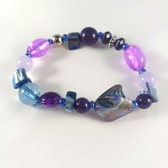 Blue and Purple Beads and Shell Bracelet - Picture 1 of 3